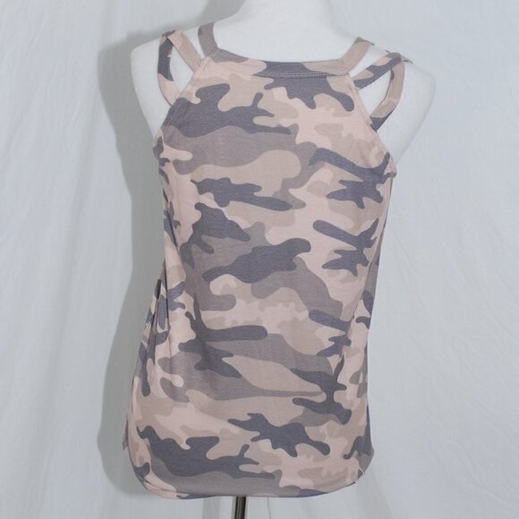 Peekaboo Shoulders Camo Tank Top Womens Small Multi Strap Tan Gre - Picture 3 of 5
